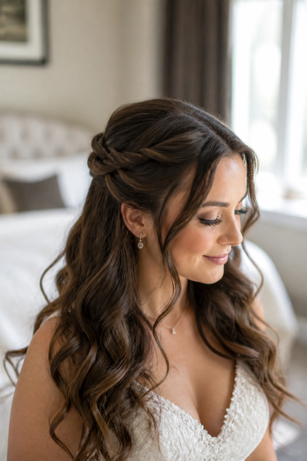 Bride with half-up twists and loose curls.