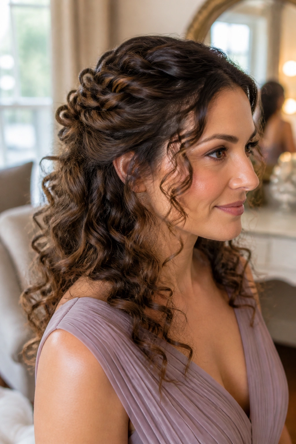 Close-up of a real woman with half-up twists for curly bridesmaid hairstyles in a sunlit bridal suite