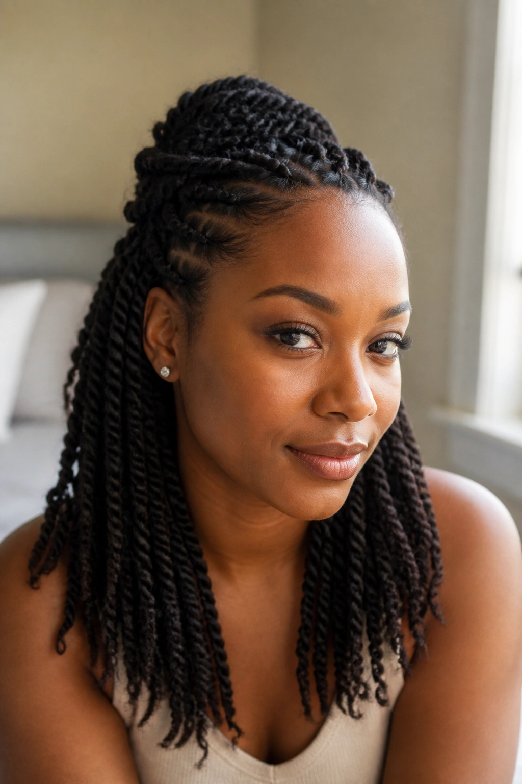 Close-up portrait of a woman with a half-up, half-down twisted hairstyle.
