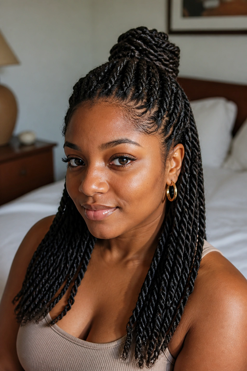 Close-up portrait of a real Black woman wearing half-up, half-down two-strand twists