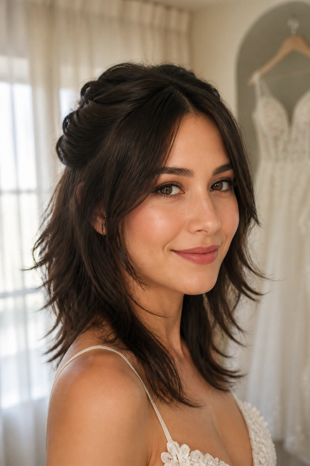 Bride with half-up twists maintaining wolf cut silhouette