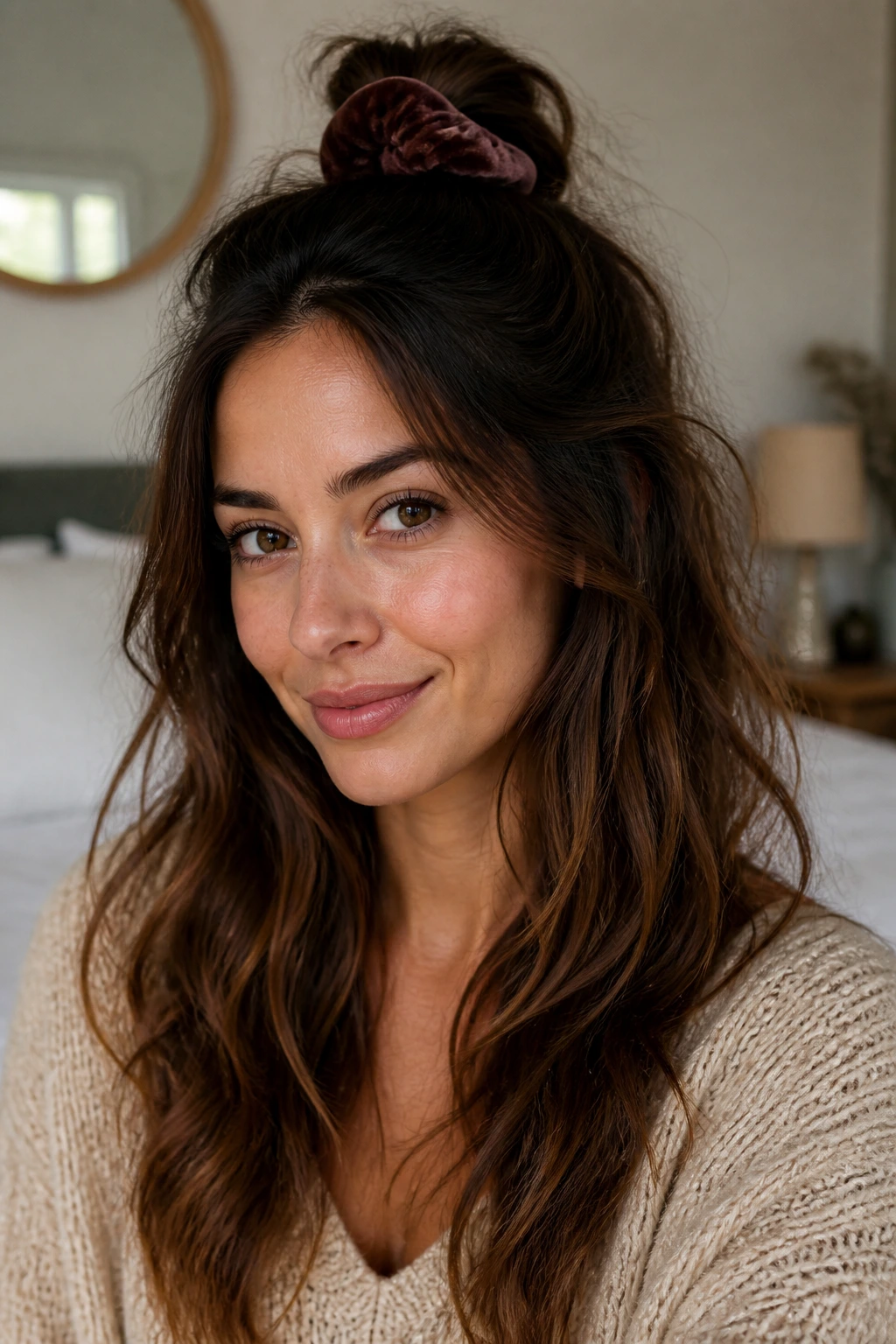 Close-up of a woman with a half-up hairstyle using velvet scrunchie