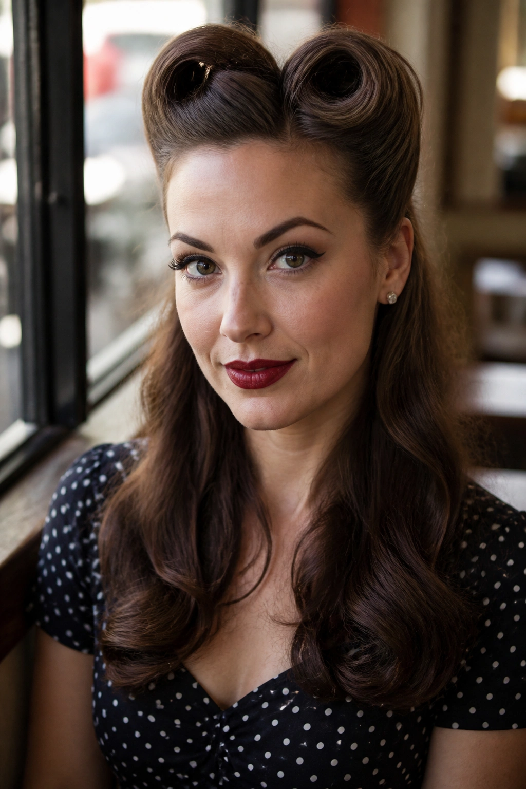 Close-up of a real woman with a half-up victory roll on long hair in natural daylight