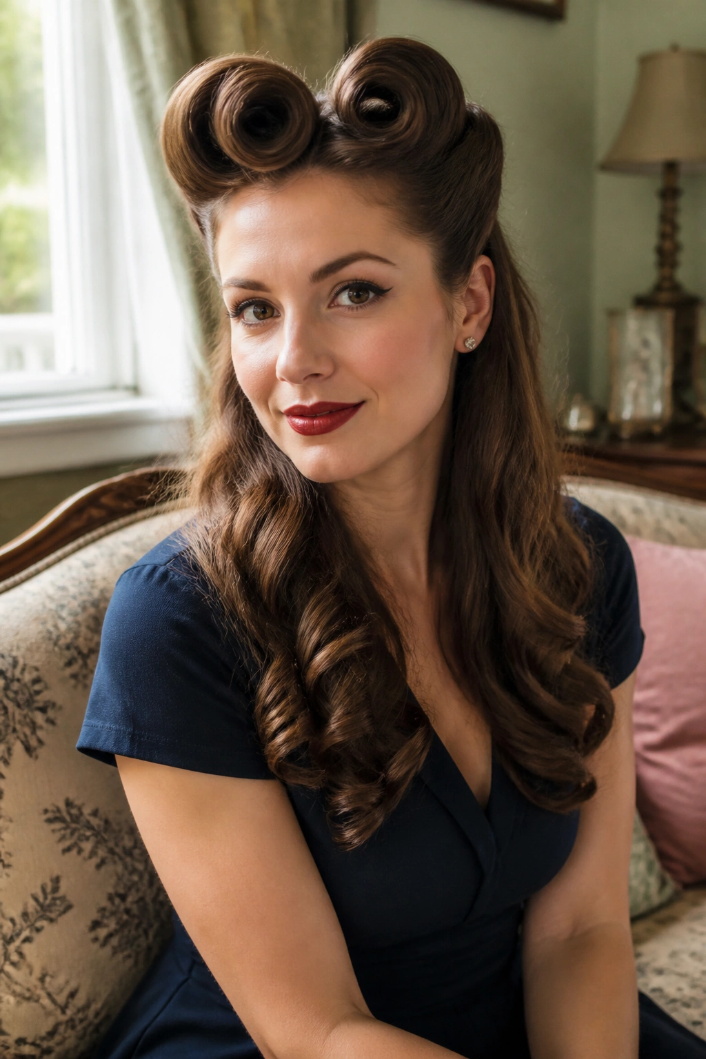 Portrait of a person with half-up victory rolls and loose curls.