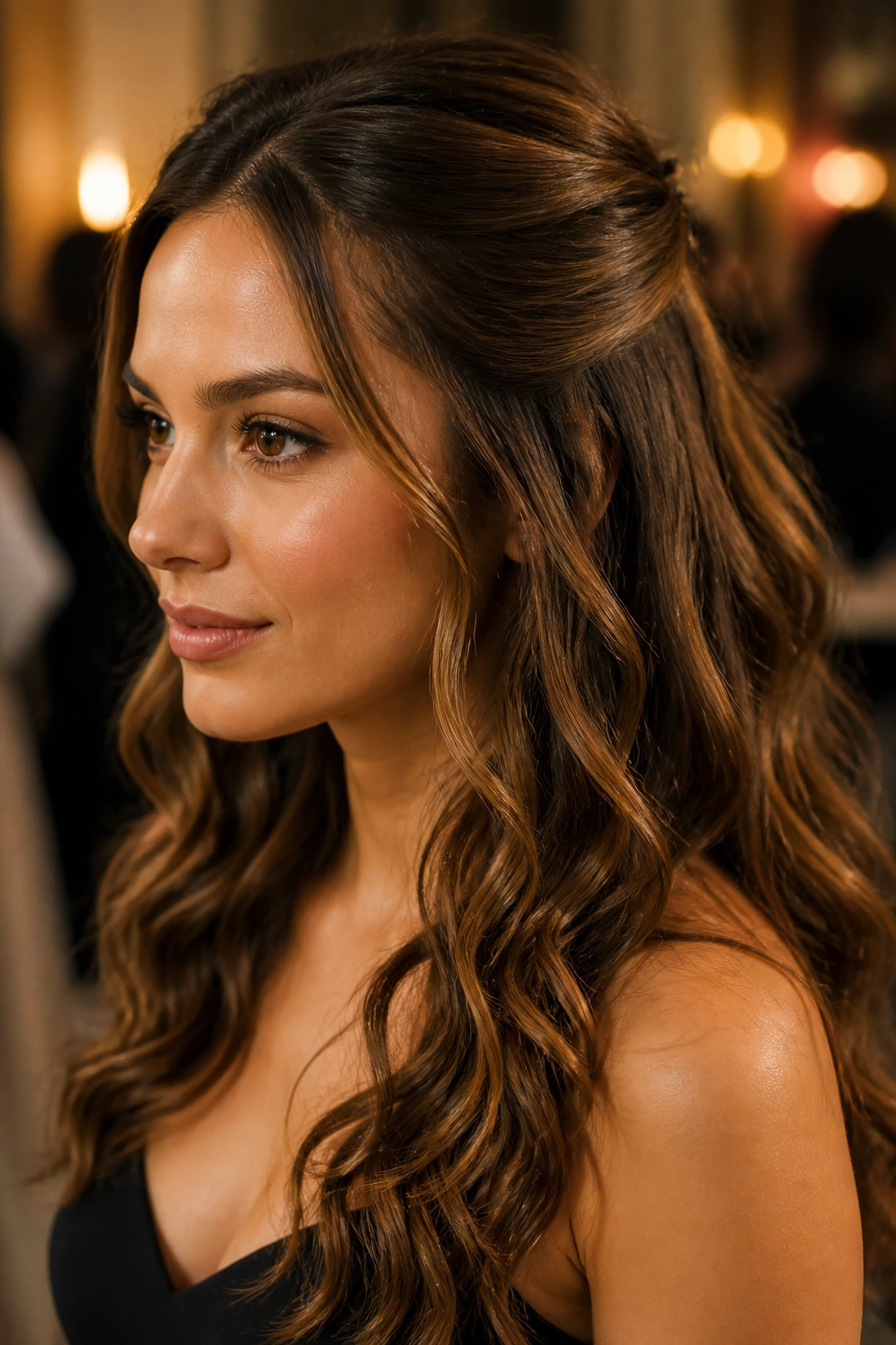 Close-up of half-up wand curl hairstyle on a real woman