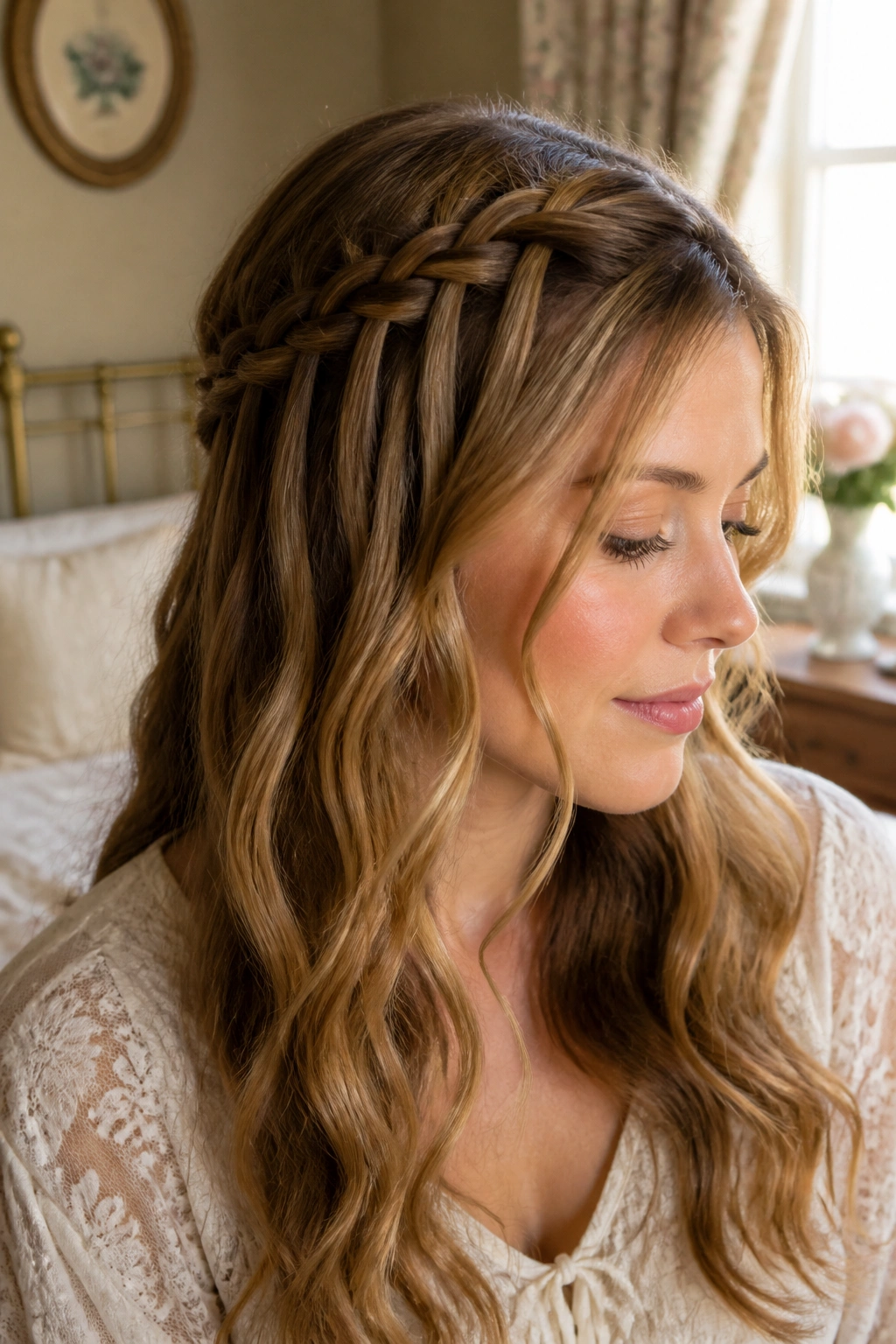Close-up of a real woman with a half-up waterfall braid and flowing waves.