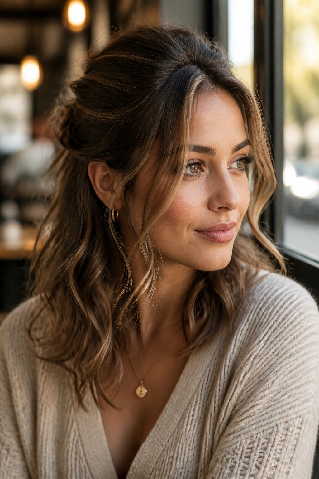 Close-up of a real woman with half-up waves and face-framing pieces