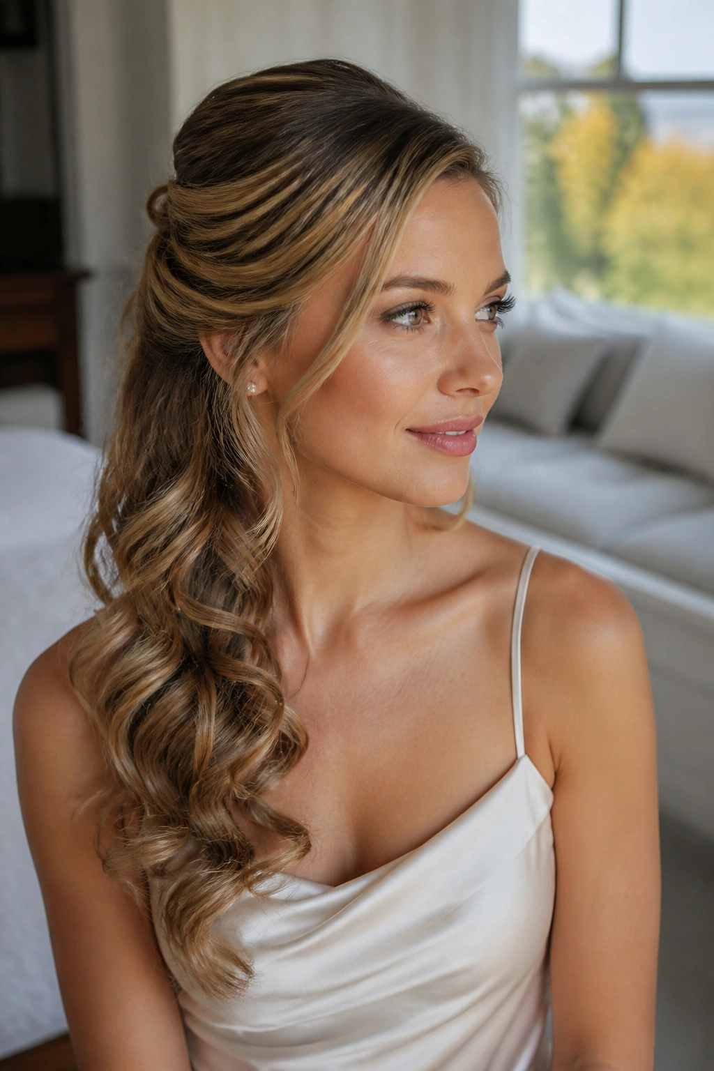 Woman with half-up side swept hair and cascading waves