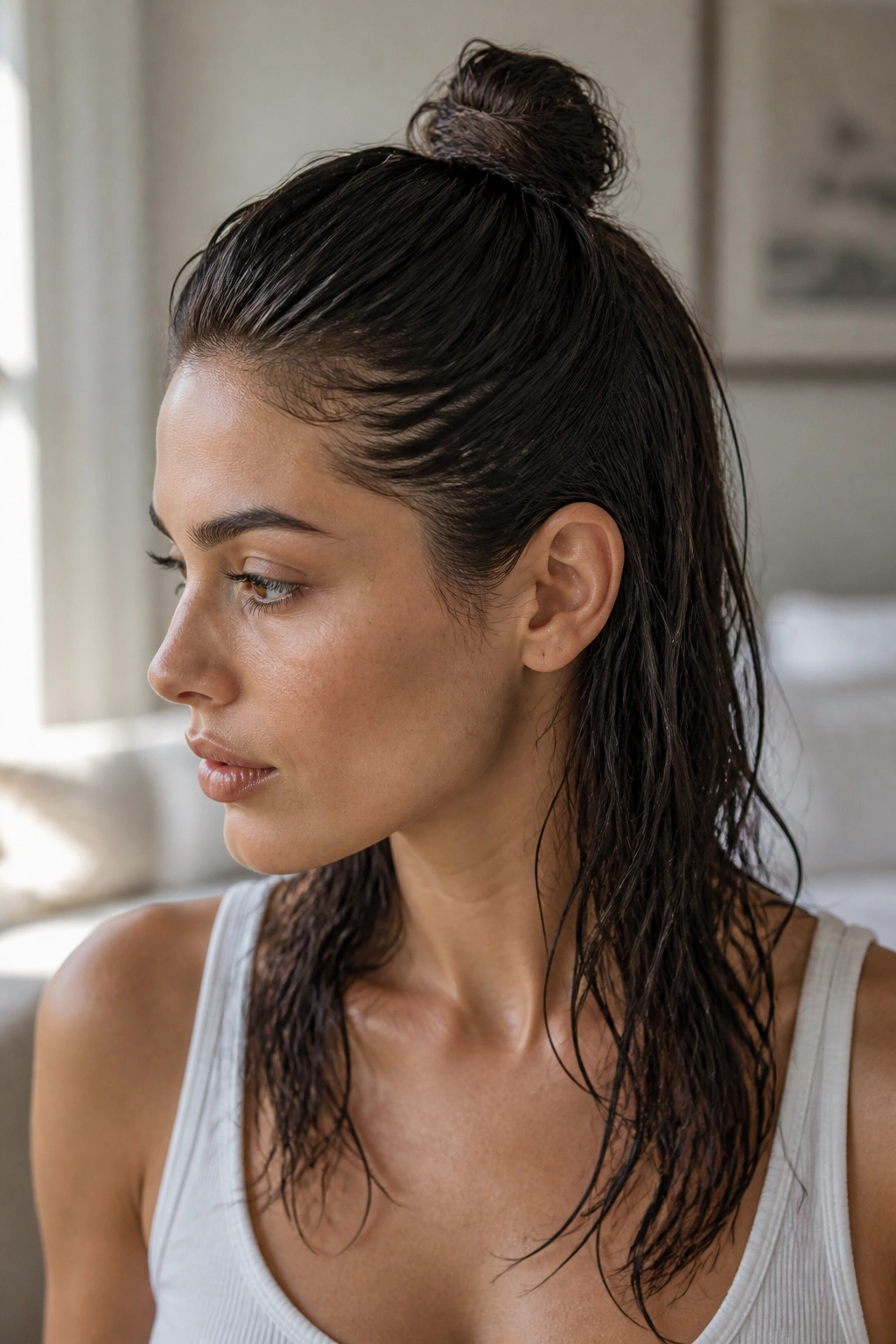 Real woman with half-up wet top knot in warm window light