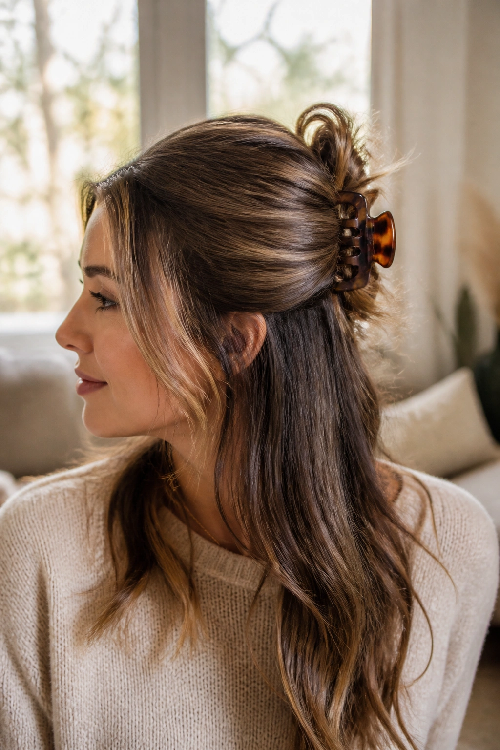 Close-up of a real woman with a half-up twist secured by a claw clip in a cozy home setting.