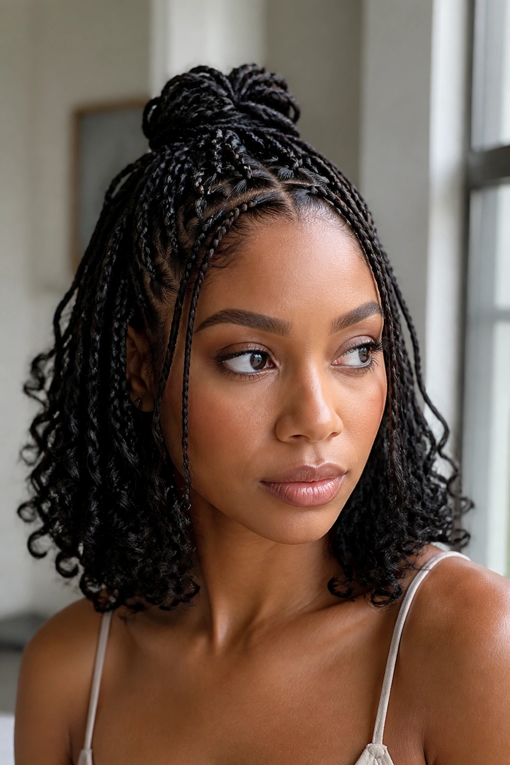 Portrait of a real woman with half-up bob and visible curly ends