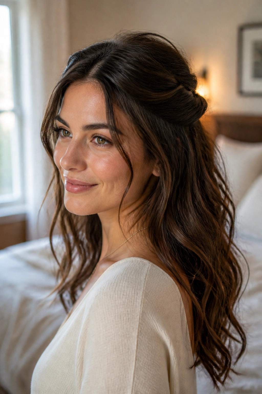 Woman with half-up twist and loose waves in cozy room