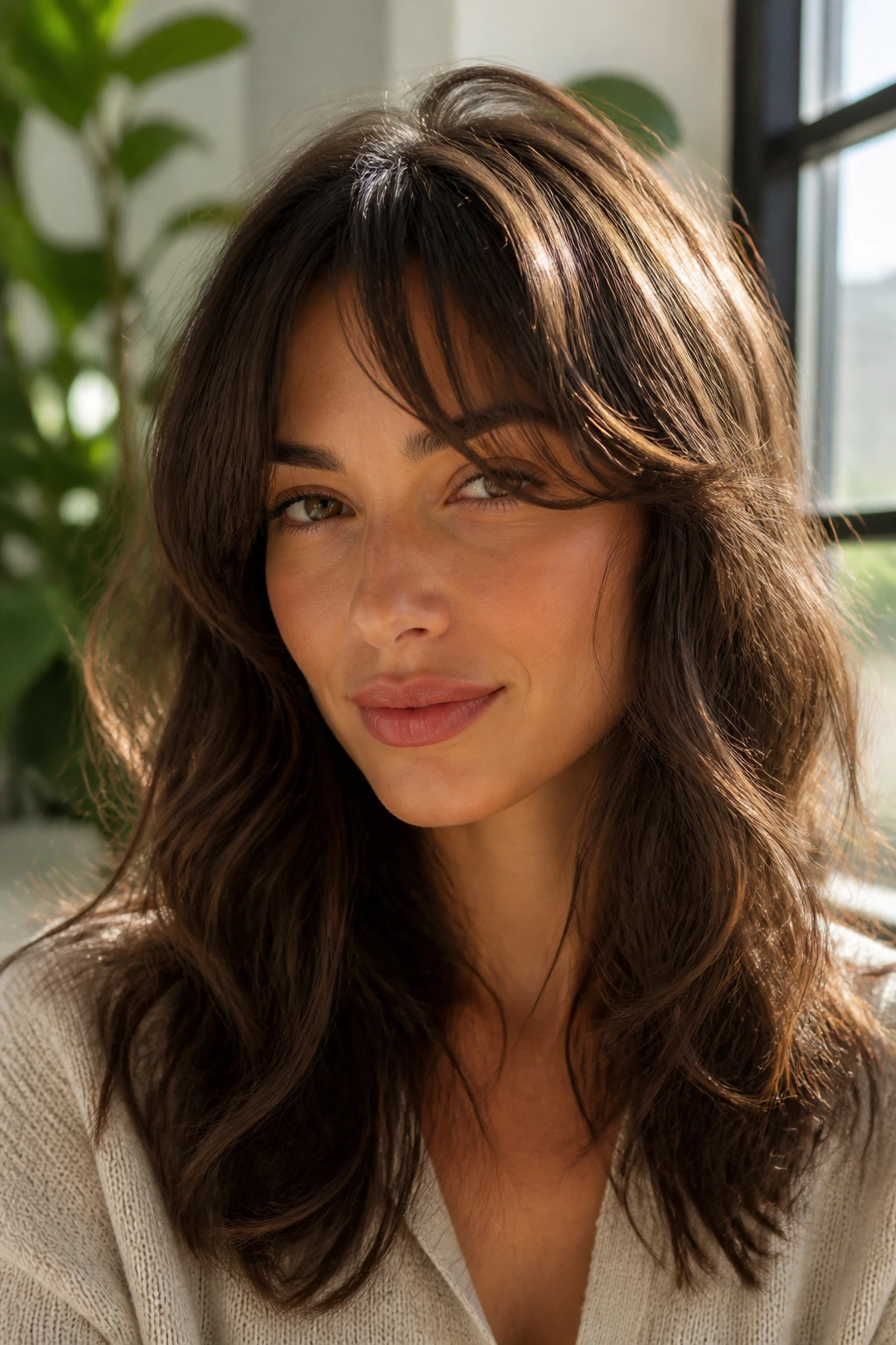 Close-up of a real woman with halo bangs and lifted crown in natural light