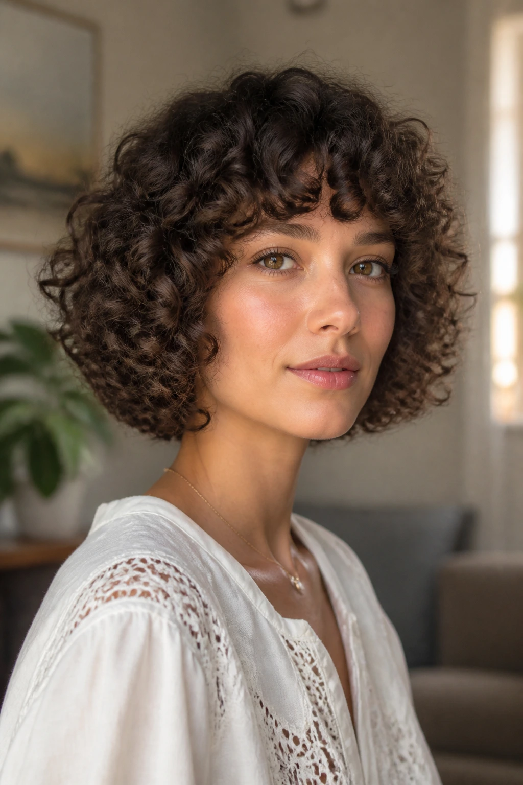 Close-up portrait of a real woman with halo bob and rounded fringe, 2c curls framing the face