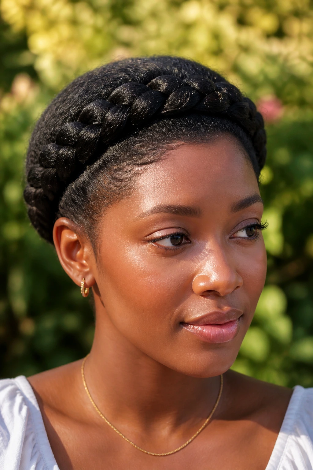 Real woman with halo braid crown, 4C hair