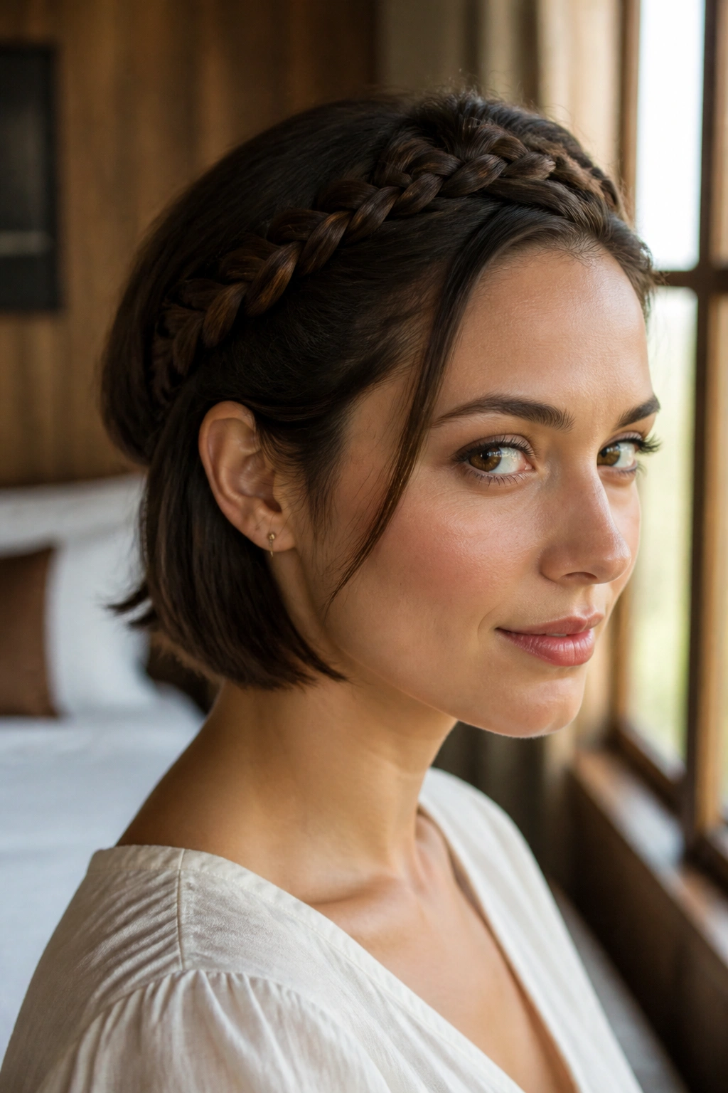 Close-up of a woman with halo braid framing a chin-length bob in warm window light