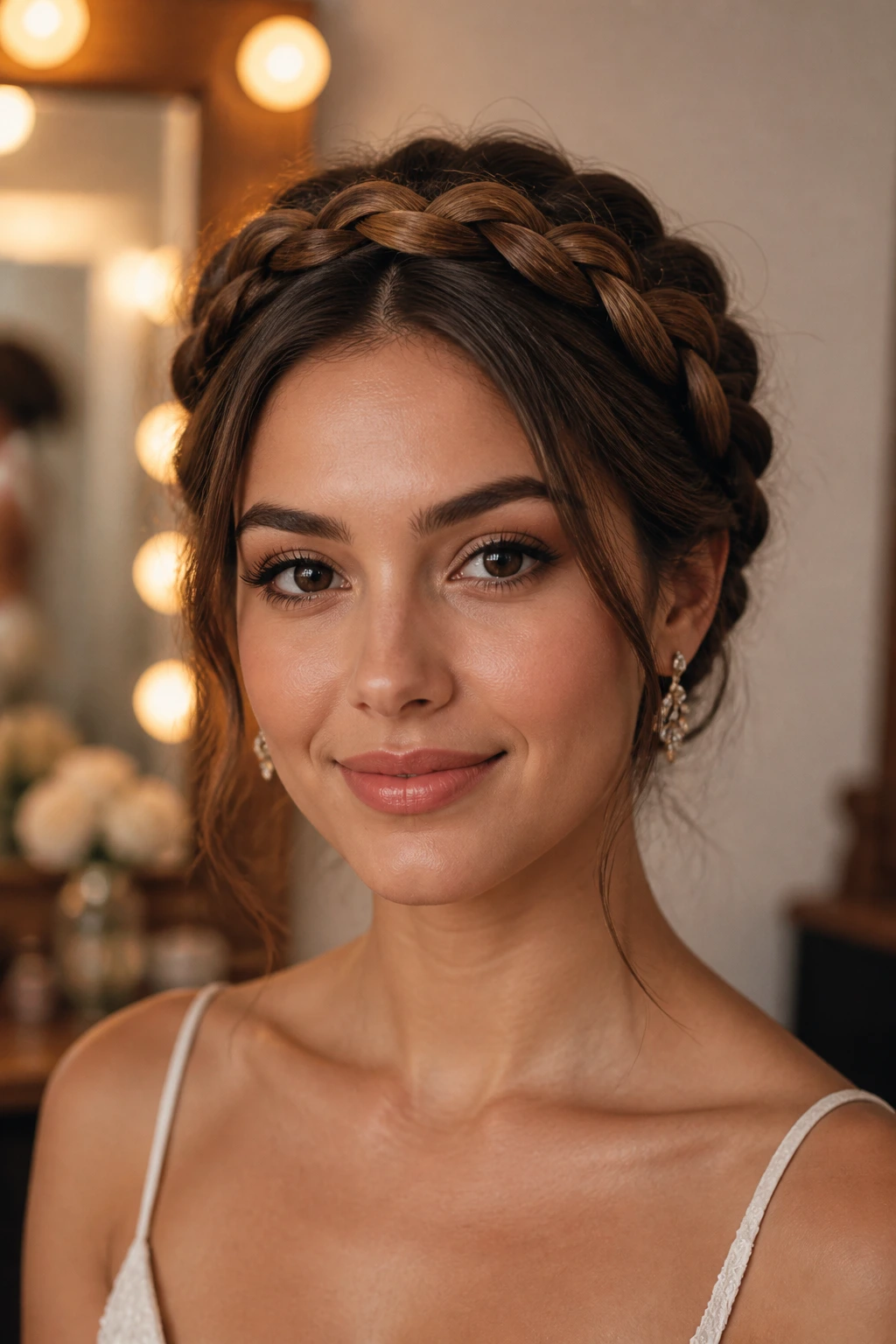 Portrait of a woman with halo braid and tucked bun in elegant lighting