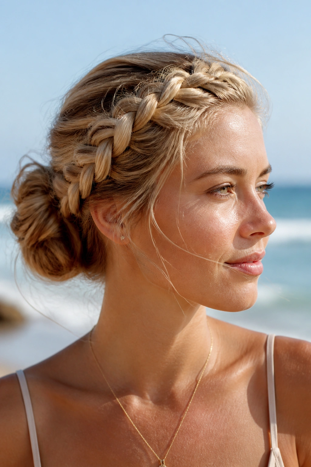Close-up of a woman with a halo braid bun on the beach