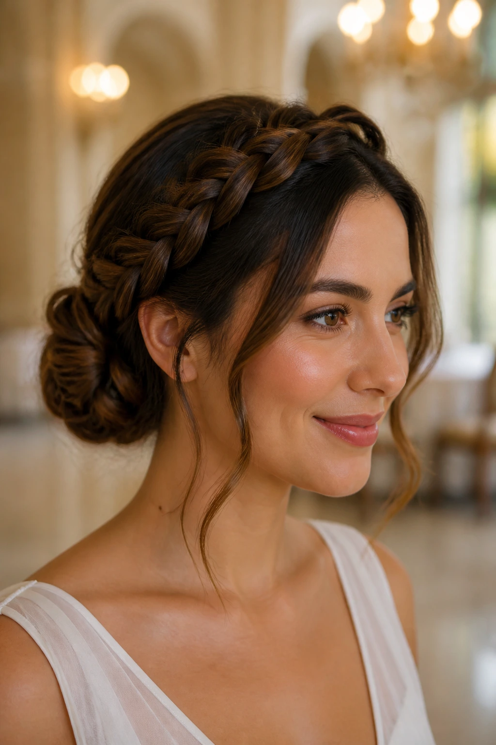 Close-up of a woman with a halo braided bun around the head