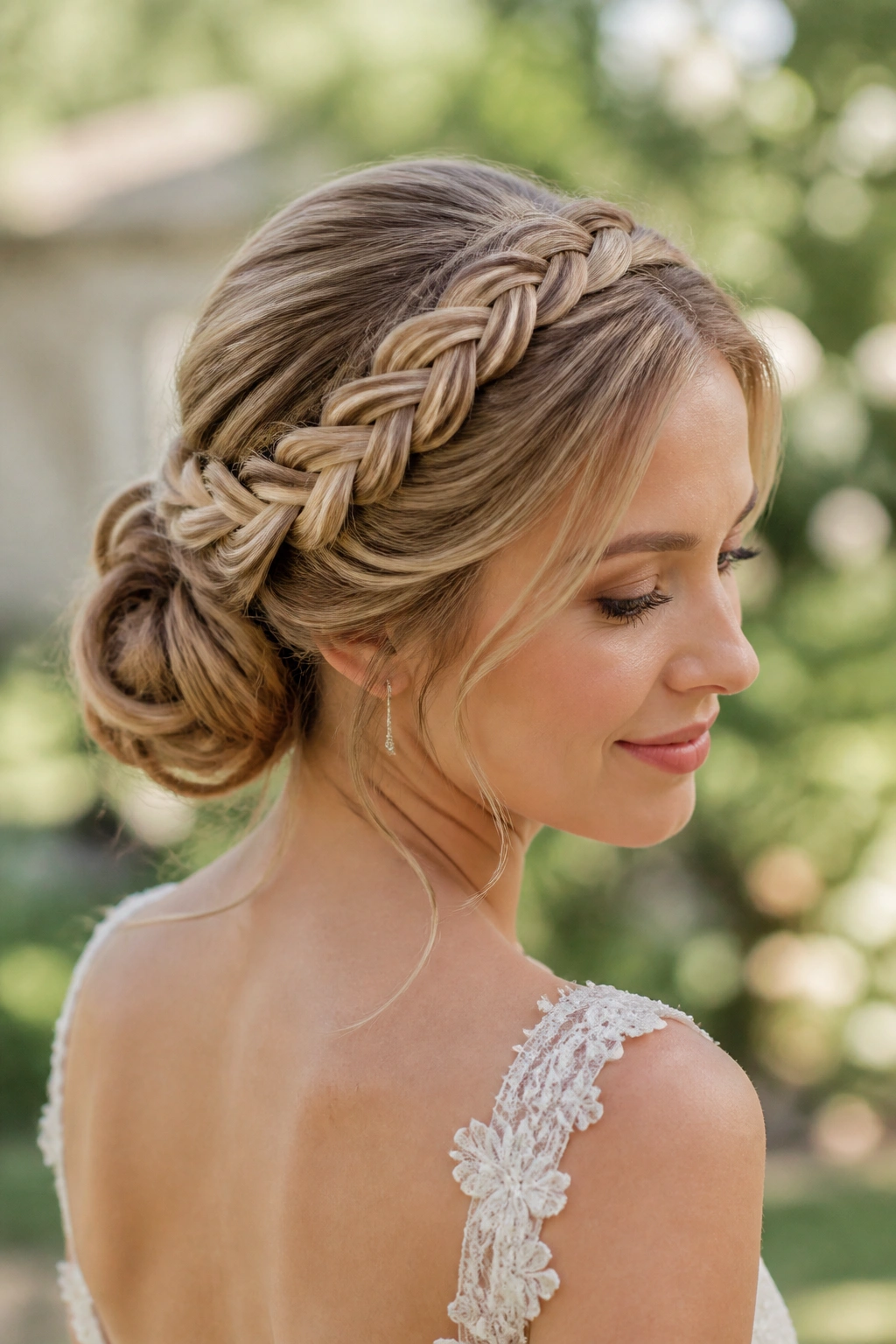 Three-quarter view of halo braid around head with bun at back