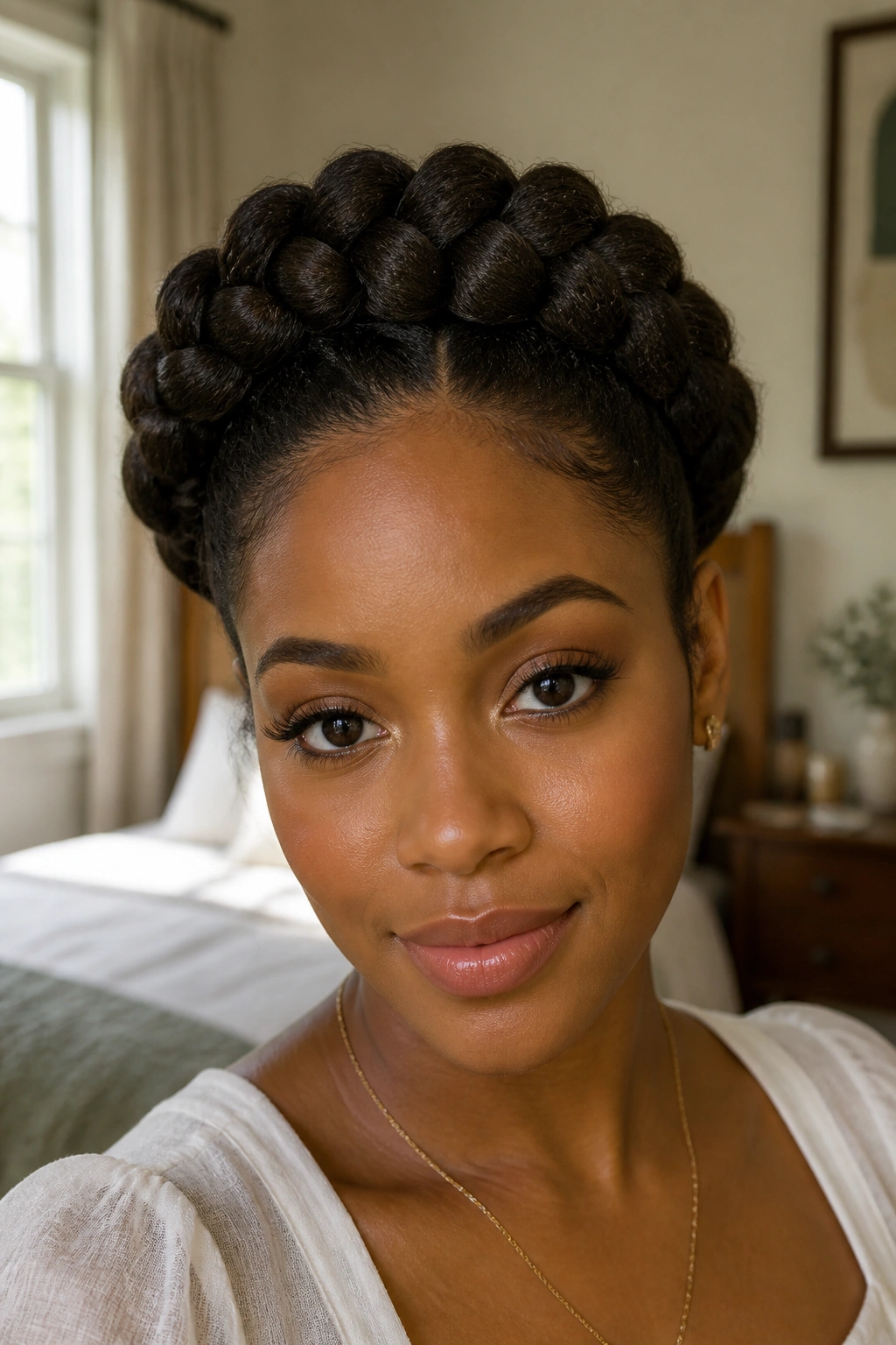 Close-up of halo braid on a real woman with crown-like braid in natural window light