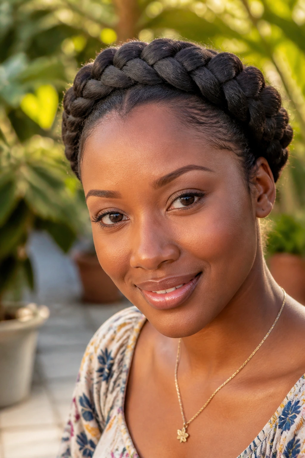 Close-up real person with halo braid crown around head