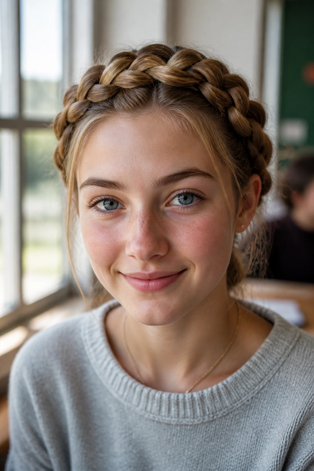 Close-up of a real person with halo Dutch braid around the head in a classroom