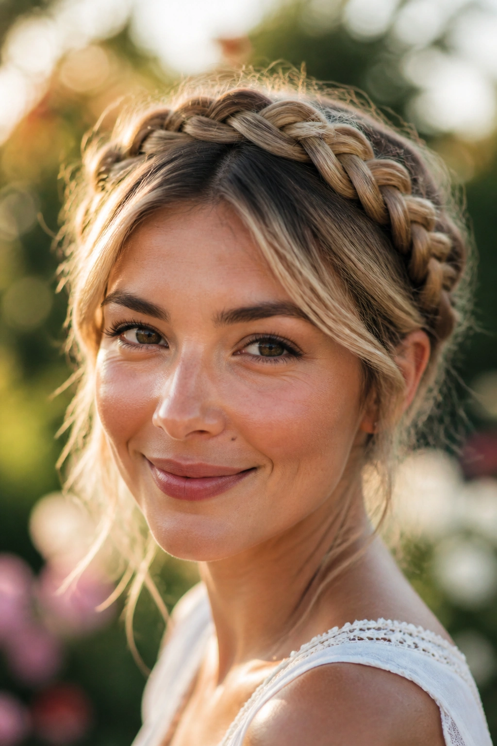 Halo braid encircling the head on a real woman in garden light