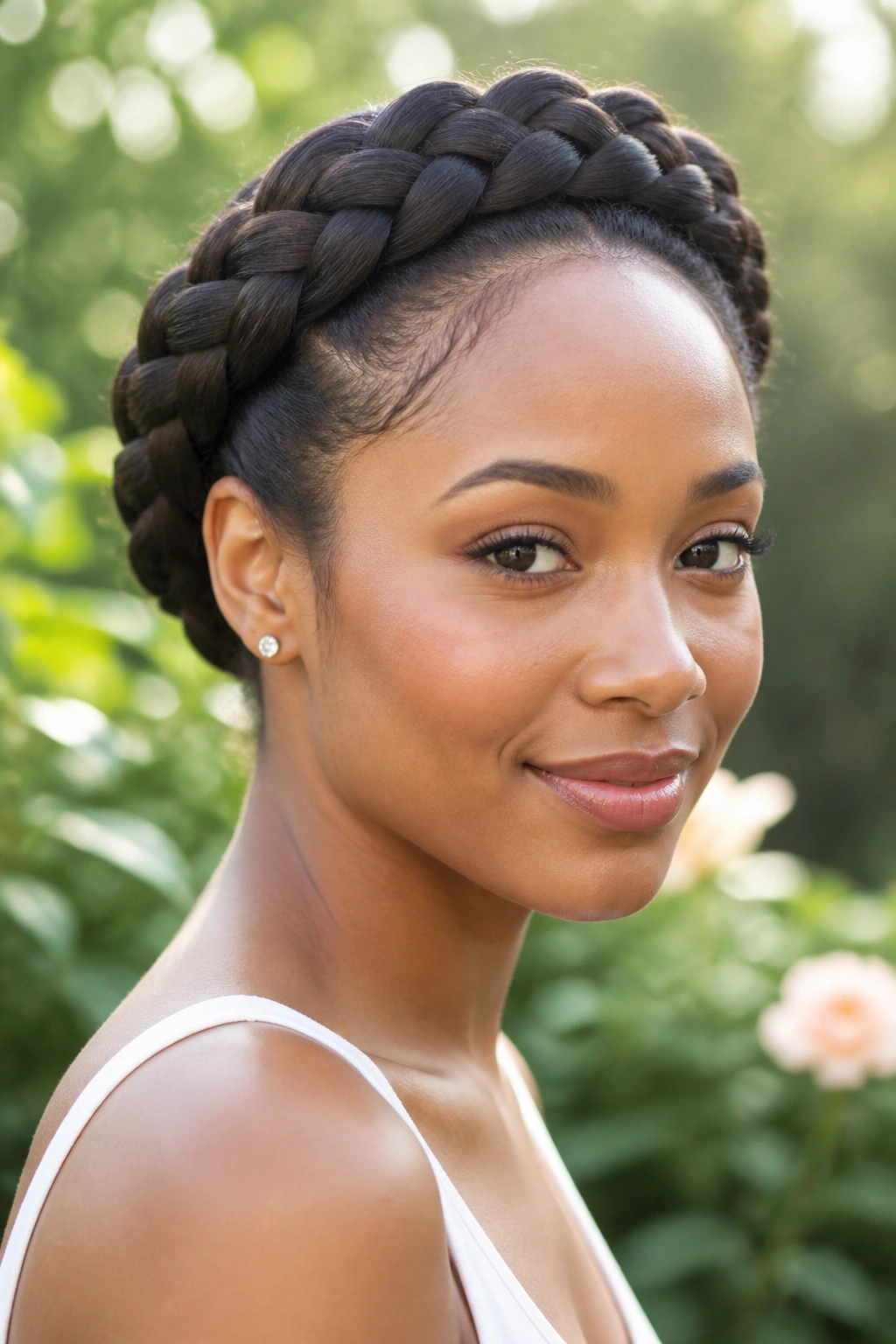 Close-up portrait of a real person with a halo braid crown around the head