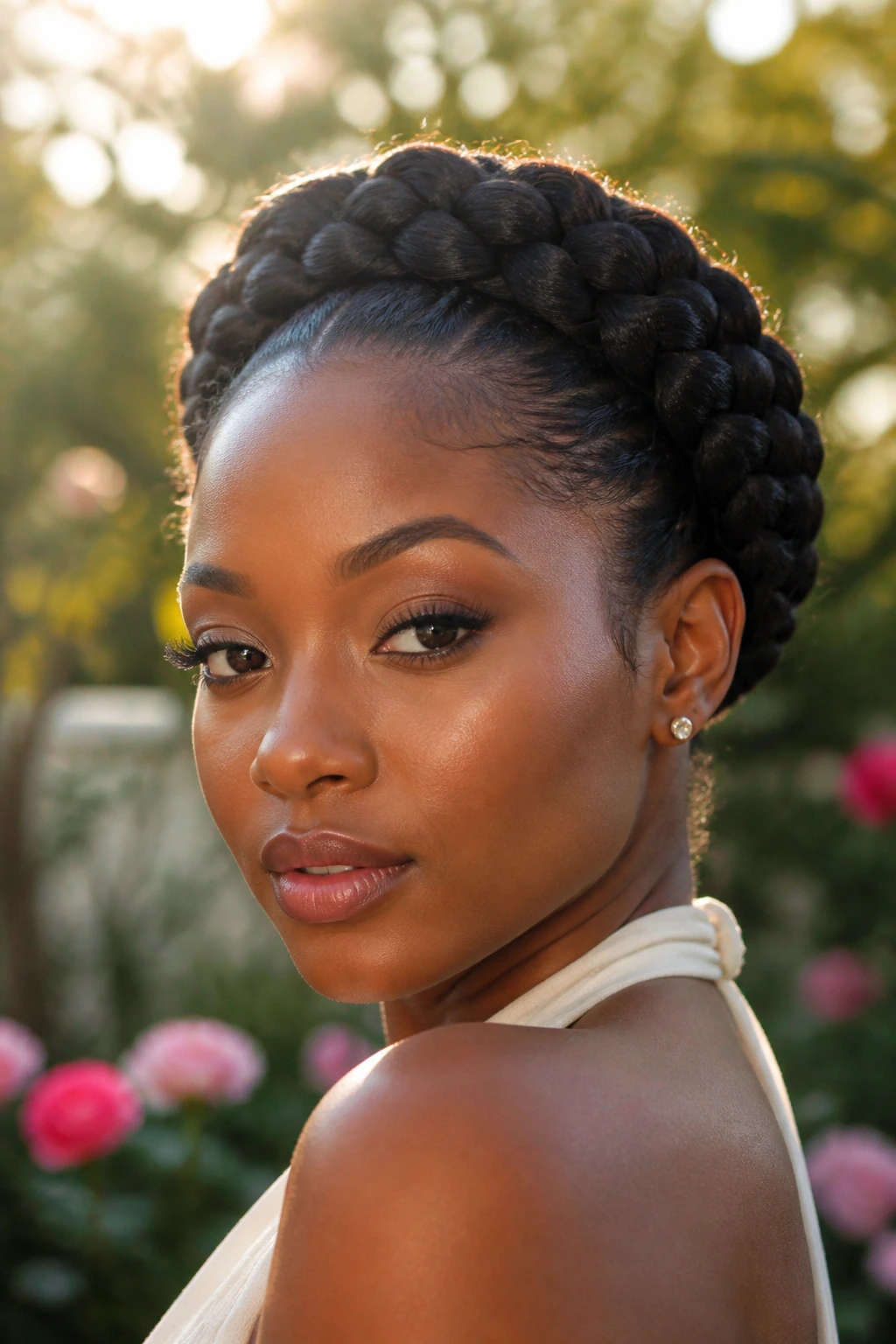 Close-up of a woman with halo crown braid outdoors in a garden
