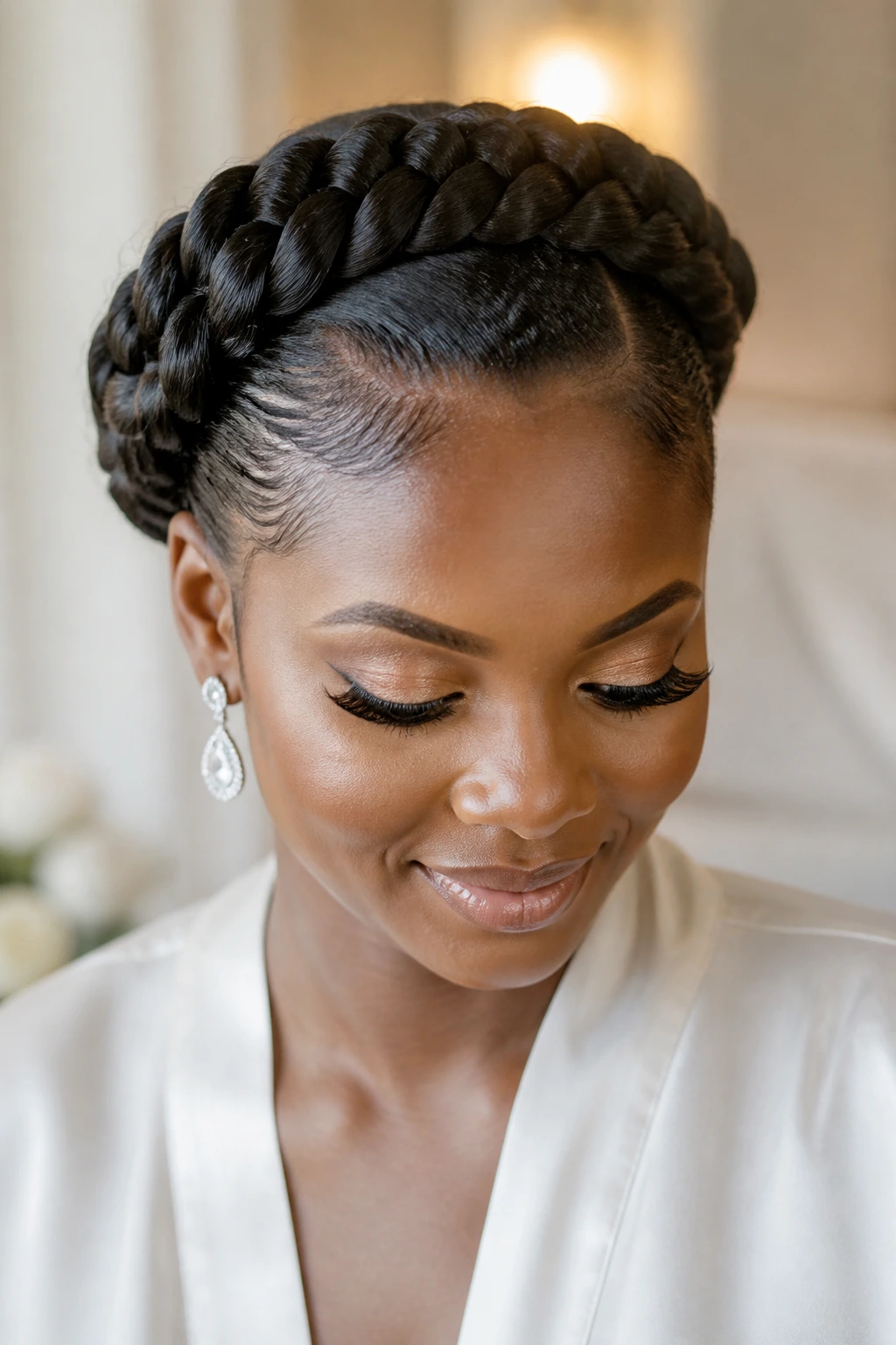 Close-up of a real woman wearing a halo braid crown