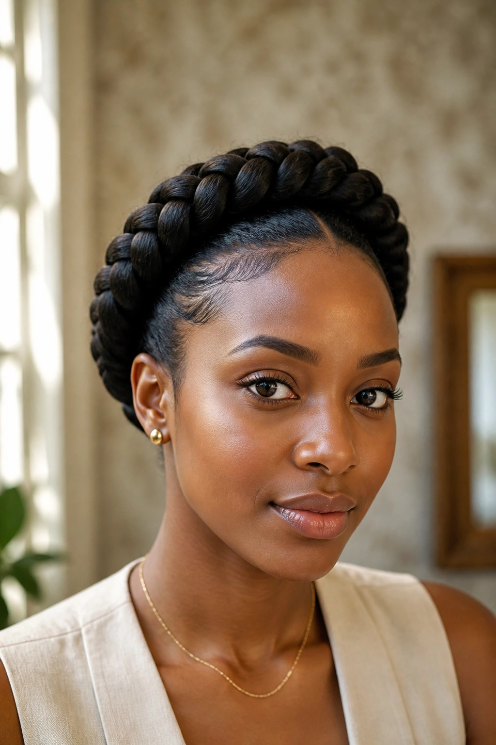 Close-up of a real Black woman with halo braid crown around her head
