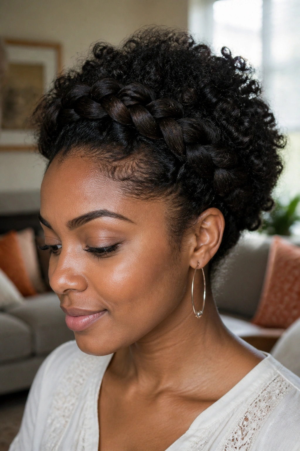 Close-up portrait of a real woman with a halo braid over natural coils and curls.