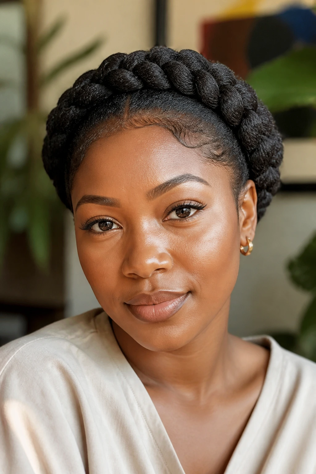 Close-up of real person with halo braid ends tucked under