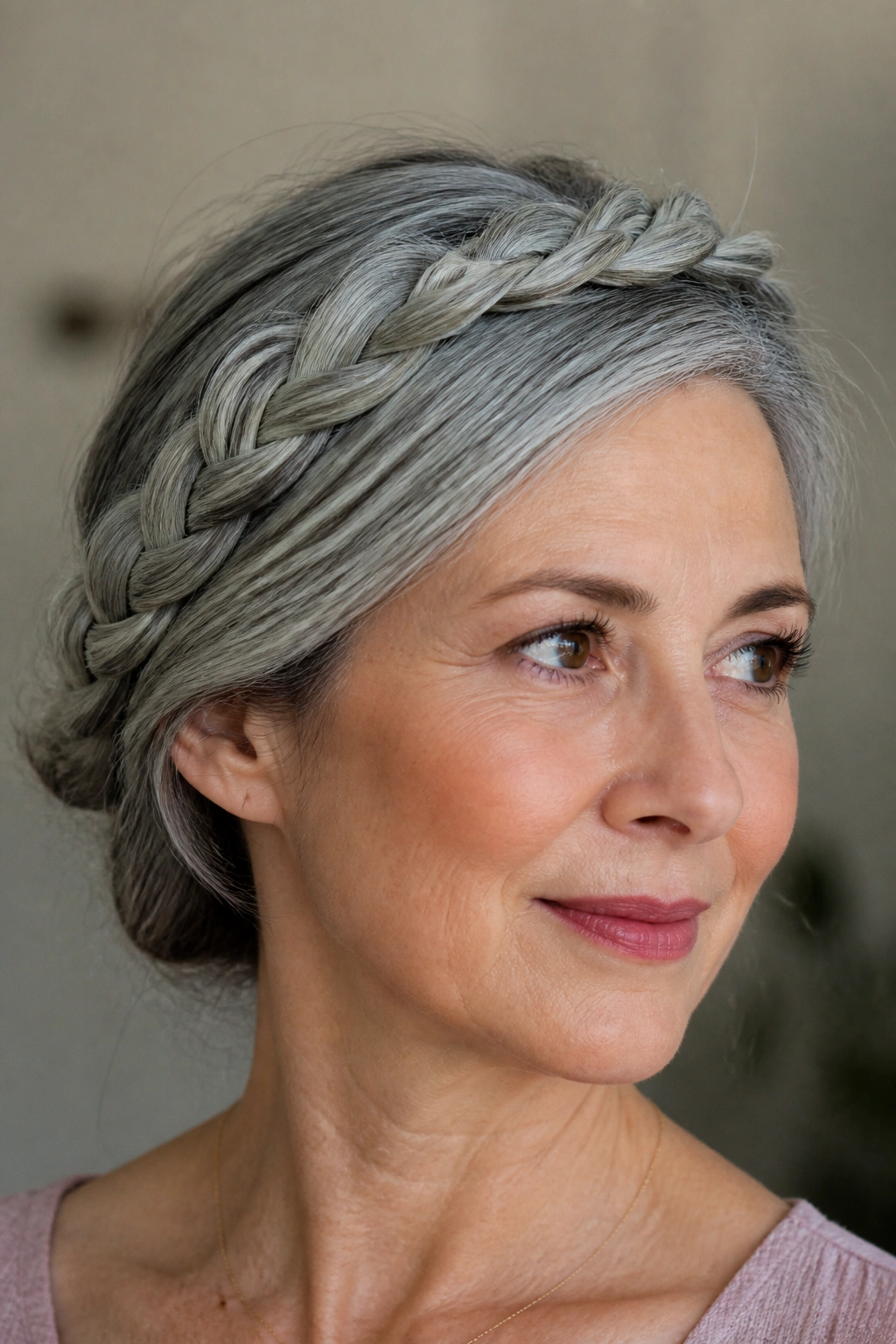 Close portrait of a woman with halo braid and gray hair