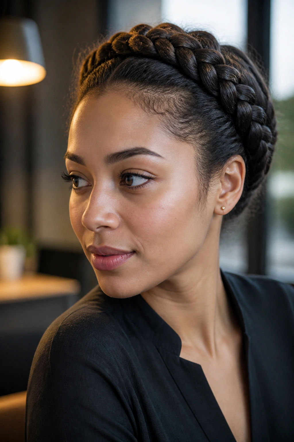 Close-up of a real woman with a halo braid around her head in a modern workspace