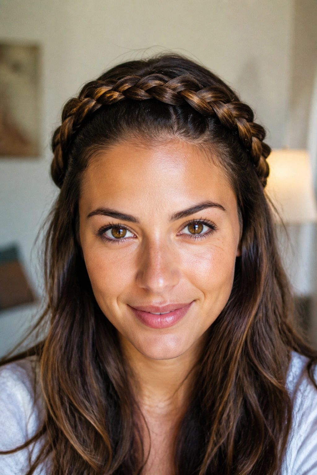 Real woman wearing a halo braid along the hairline like a crown