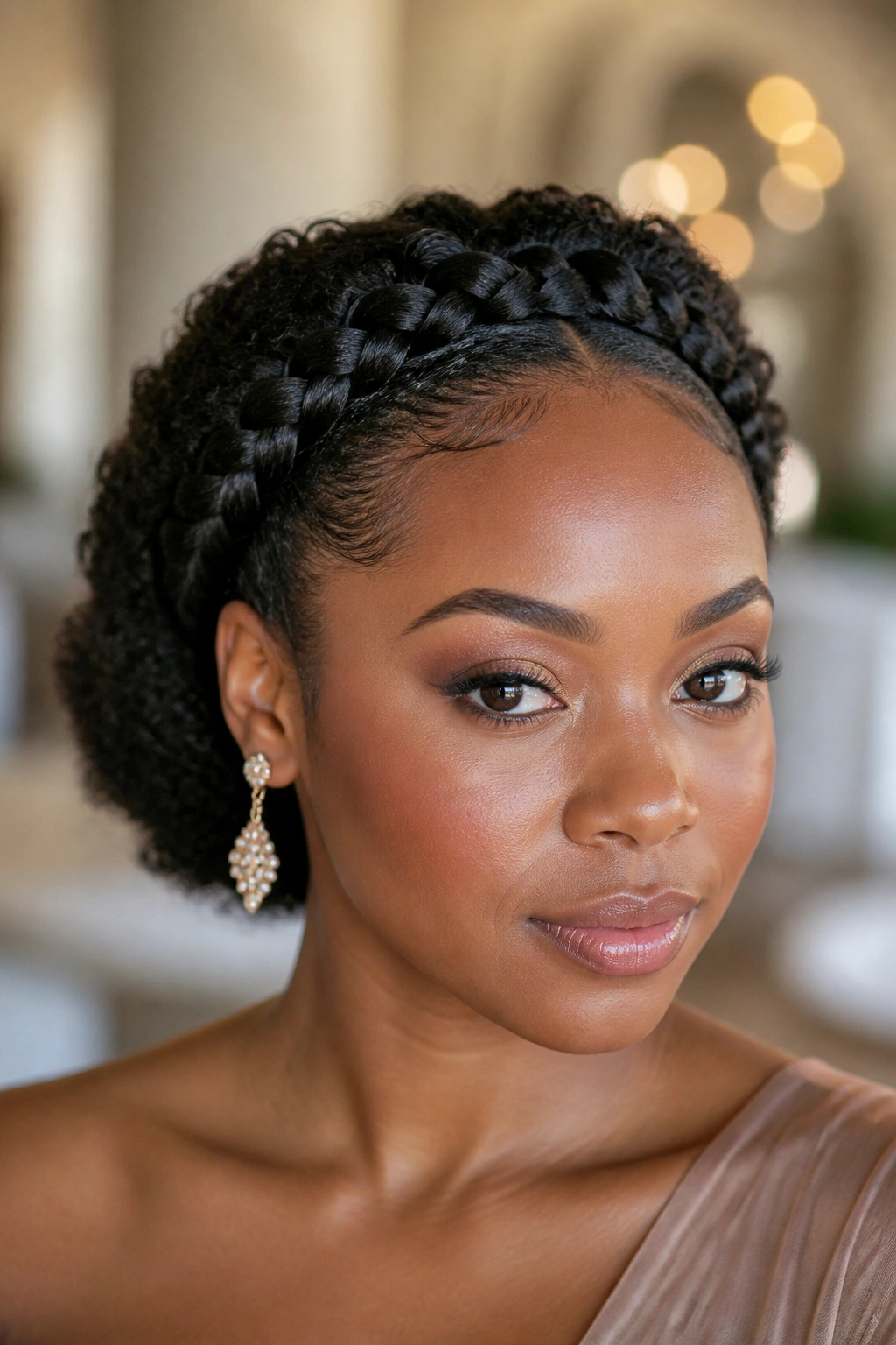 Real person with halo braid tracing around the hairline