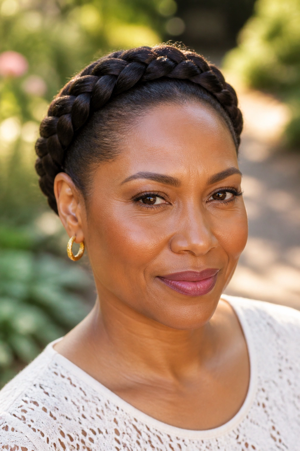 Real woman with halo braid in sunlit garden
