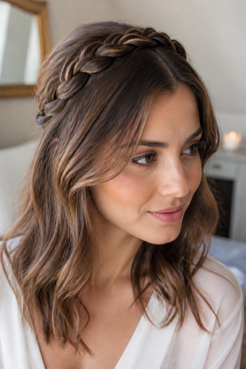 Close-up of a real woman wearing a halo braid half updo framed by soft window light