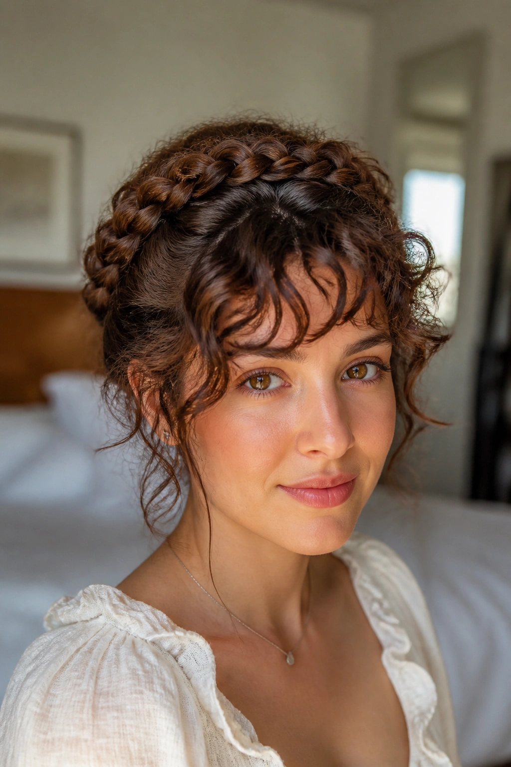Close-up portrait of a real woman with a halo braid and loose bangs.