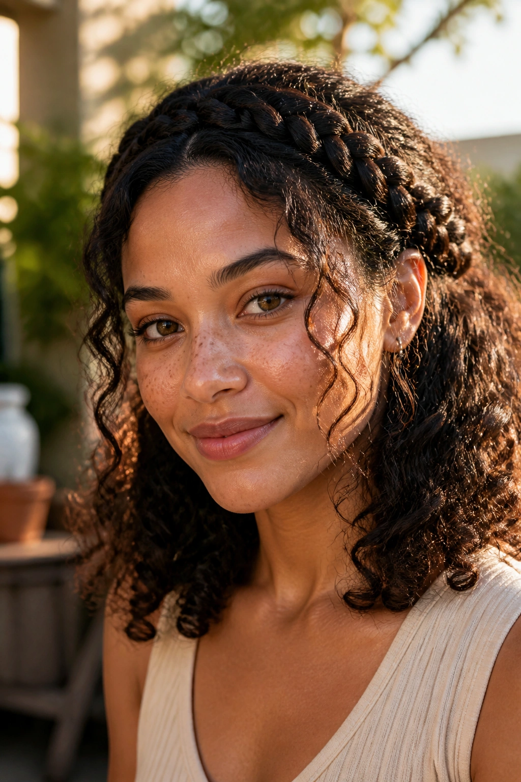 Close-up of halo braid encircling head with loose curls at ends.
