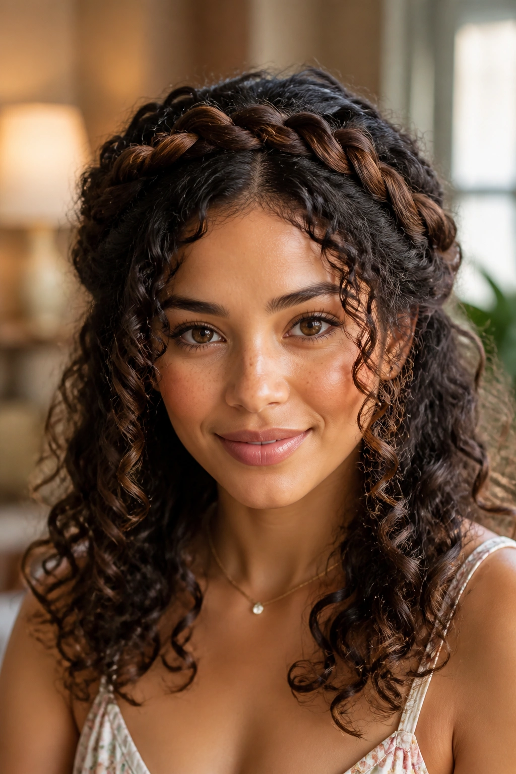 Portrait of a woman with halo braid and loose curls