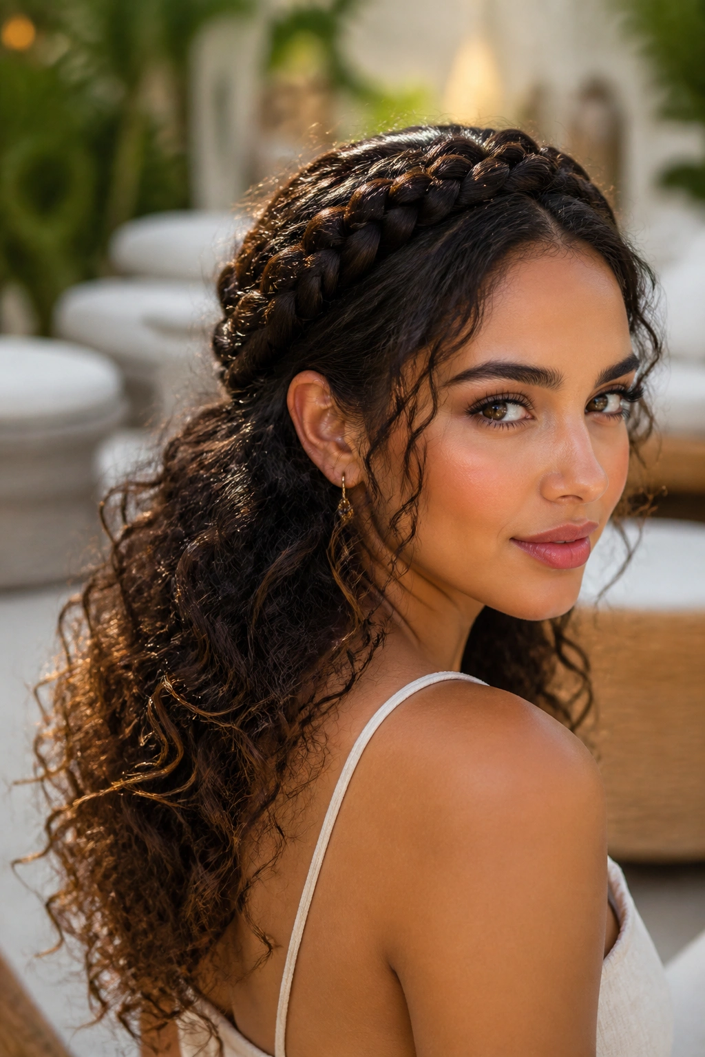 Close-up of a real woman with a halo braid and loose curls, outdoors in soft daylight.