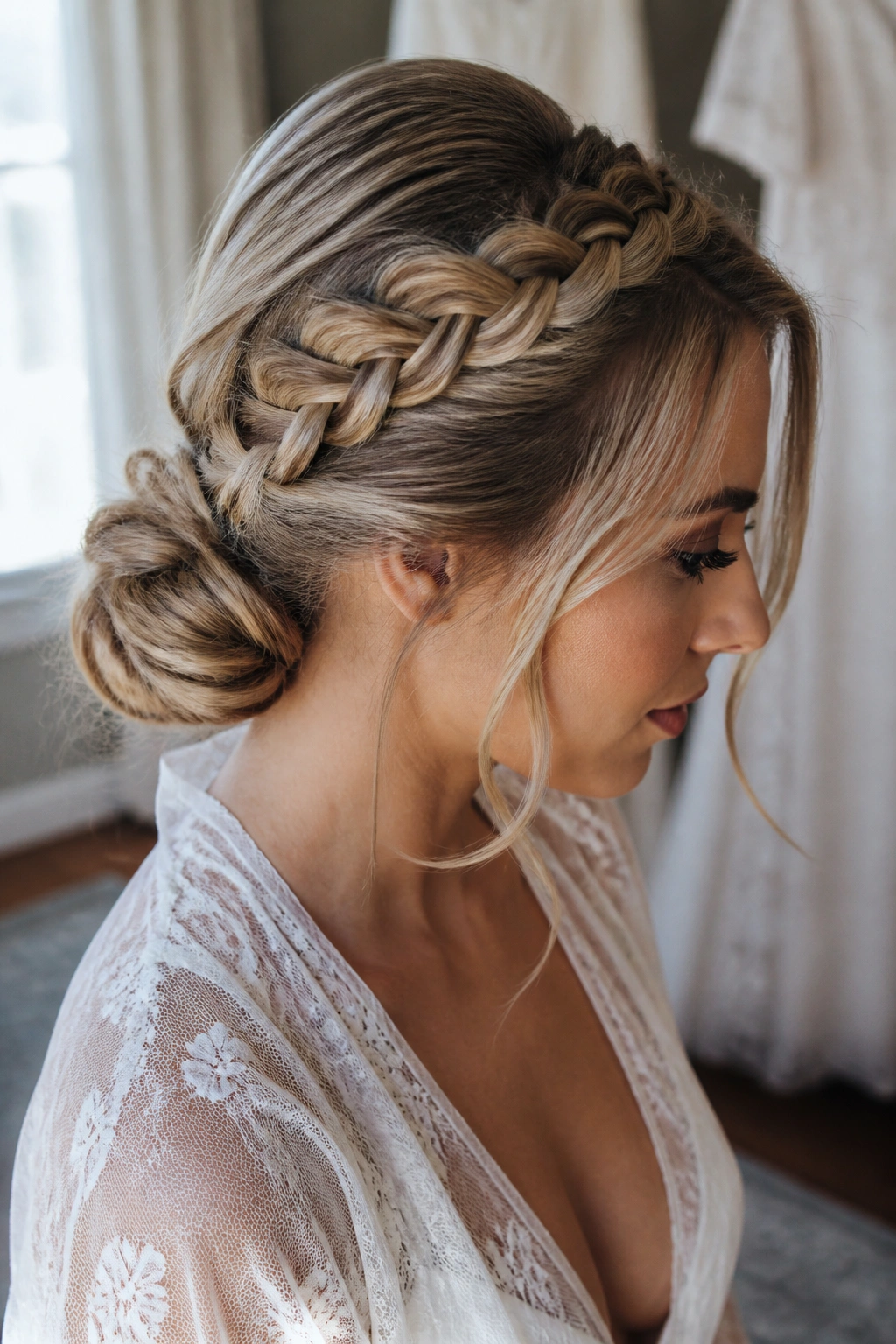 Portrait of a woman with halo braid transitioning into a low knot at the back.