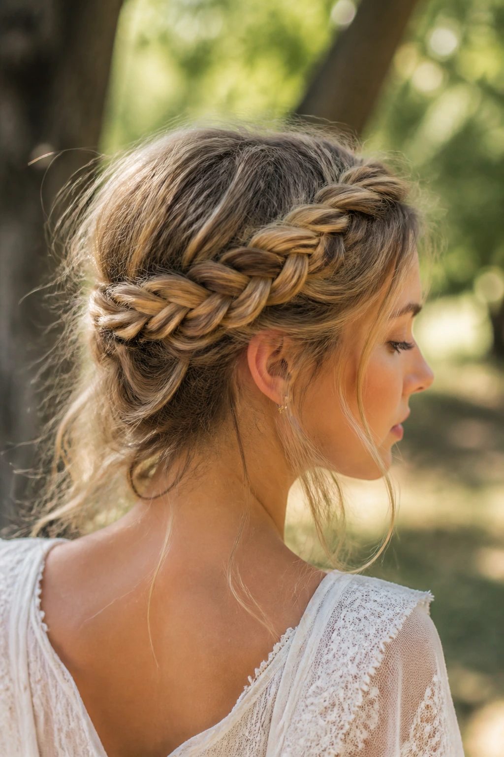 Close-up of a real woman wearing a messy halo braid in a park setting