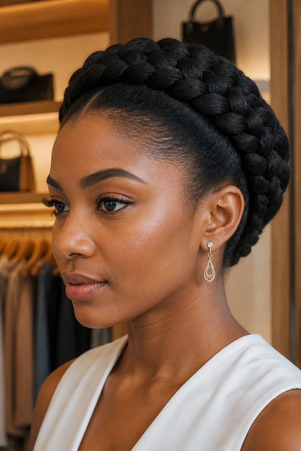 Close-up of real woman wearing halo braid with tucked nape.