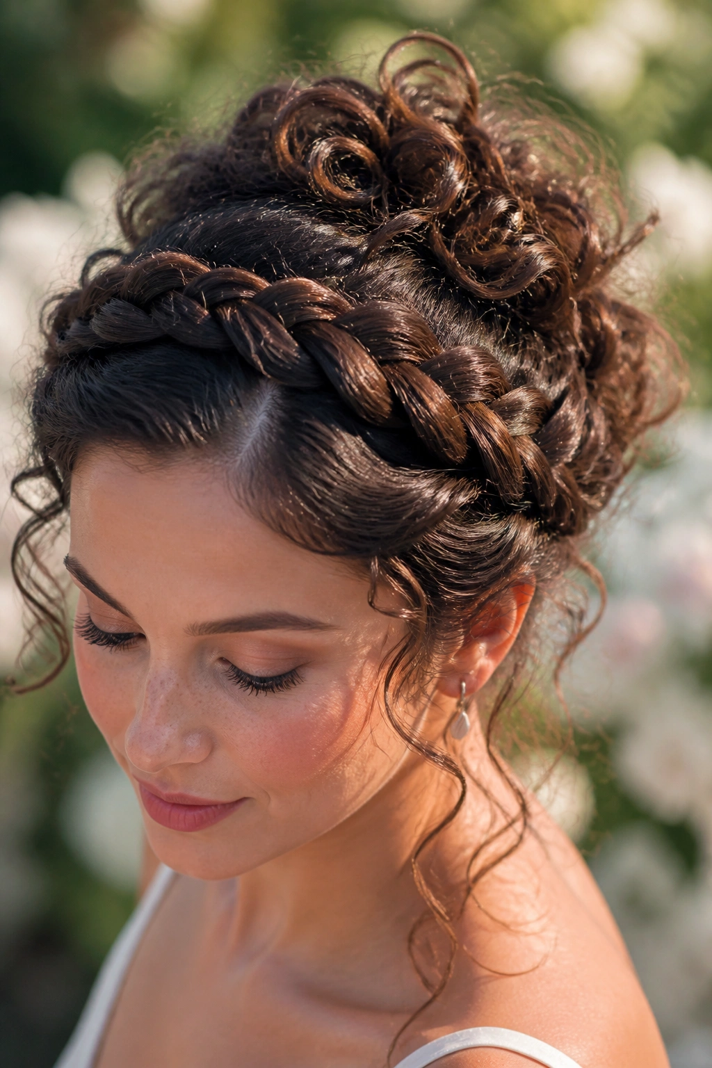 Close-up of real bride showing halo braid with pinned curls in a garden setting