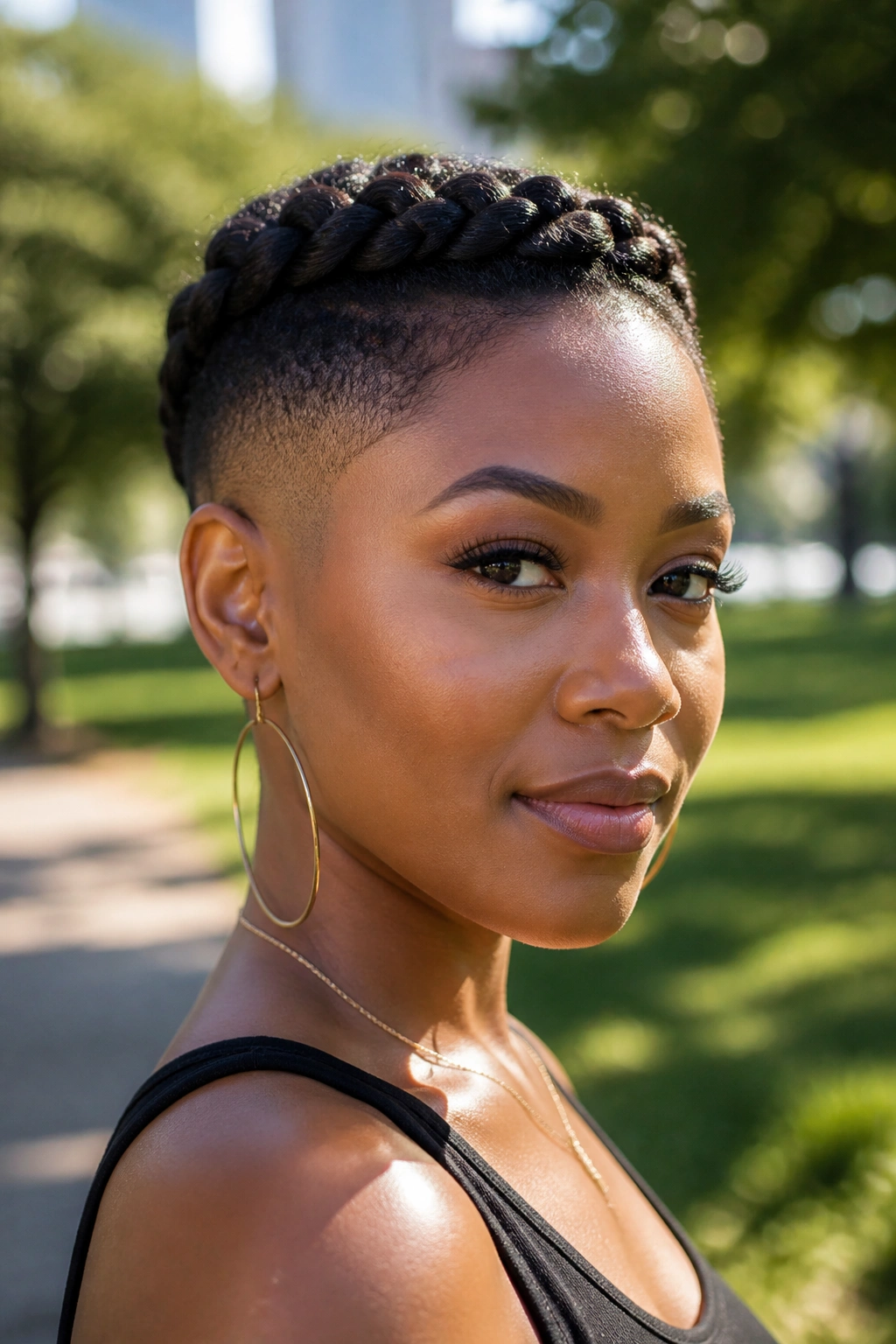 Close-up of a real Black woman with halo braid around the crown and a pixie fade.