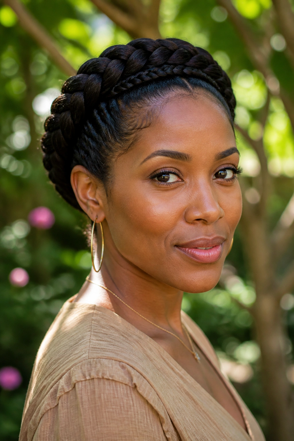 Portrait of a woman wearing a halo braid in a garden setting